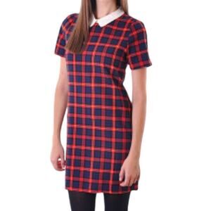 Kling Womens Classic Red Navy Tartan Plaid Preppy School Girl Sheath Dress Sz XS